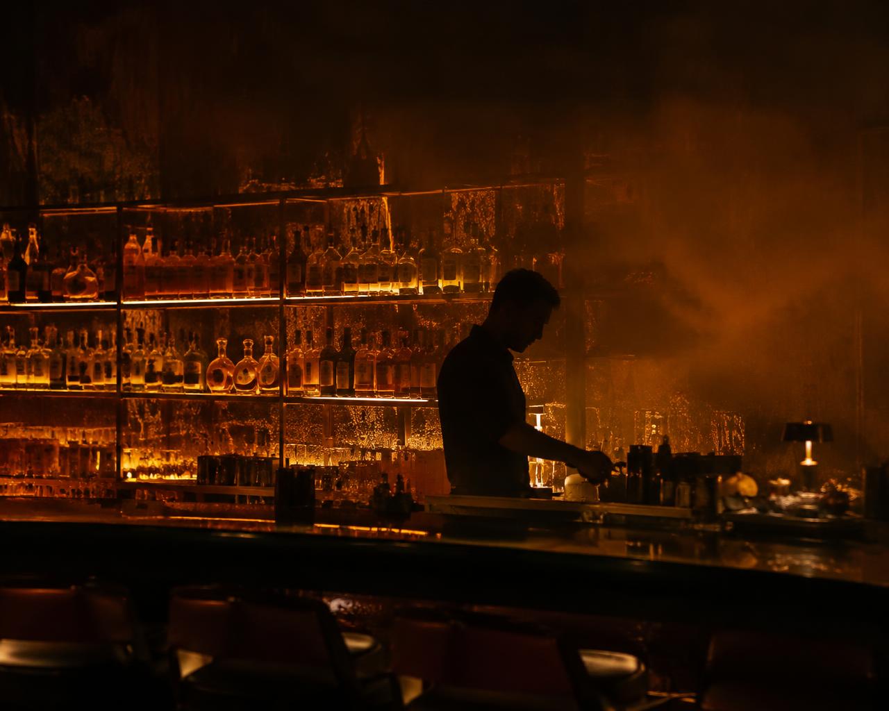 A bartender at work behind a backlit bar