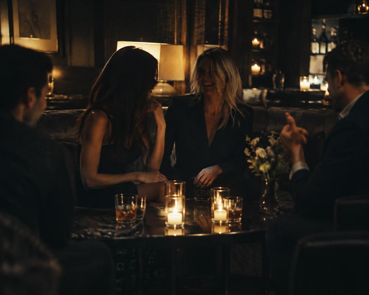 Friends in conversation in a candlelit lounge